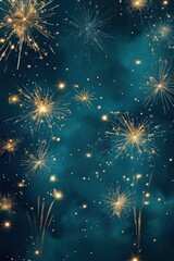 Poster - Celebration of fireworks, sparklers against dark teal background. Golden sparks, stars create festive ambiance. Ideal for New Year celebration similar event. Fireworks display in night sky. Many