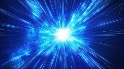 Poster - Dynamic blue light burst radiates outwards. Energy, power emanate from central point. Abstract design evokes universe explosion. Creative abstract visual. Ideal for tech backgrounds sci-fi themes.