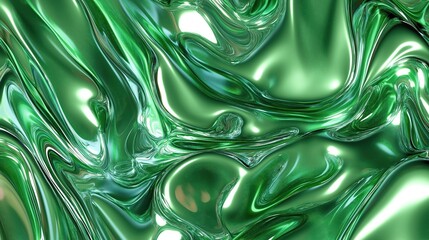 Poster - Abstract image with liquid green metal chrome autostereogram optical effect. Fluid shapes, colors create trippy visual. Design suitable for tech design projects. Futuristic, unique style. Good for