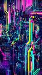 Poster - A vibrant and futuristic digital circuit pattern showcasing neon colors and intricate designs.