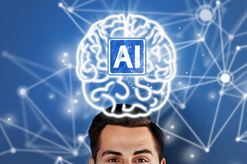 Poster - Artificial intelligence. Illustration of glowing brain with AI abbreviation over man on blue background