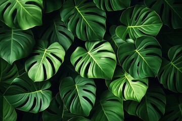 Aufkleber - Exotic monstera leaves create summer pattern. Vibrant green leaves layered closely together. Pattern perfect for summer decor themes. Image ideal for interior design projects. Vivid image for textile