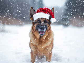 Cheerful dog wearing a Santa hat enjoying a snowy winter day in the park