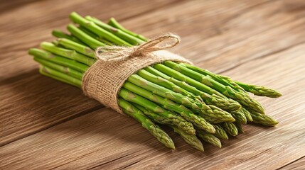 Wall Mural - Freshly harvested asparagus bundled with twine on a wooden surface in natural light