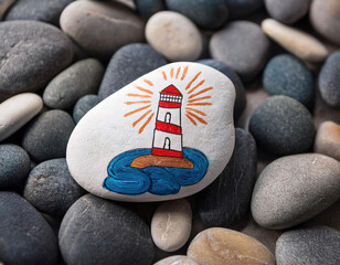 Wall Mural - A white pebble decorated with a painted lighthouse,  sea scene rests among smooth gray beach stones.