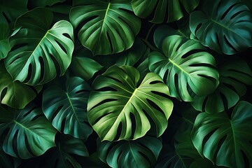Aufkleber - Exotic monstera leaves form seamless pattern. Vibrant green tones, deep shadows create tropical feel. Perfect for summer designs, decor. Ideal for interior design projects or nature-themed products.