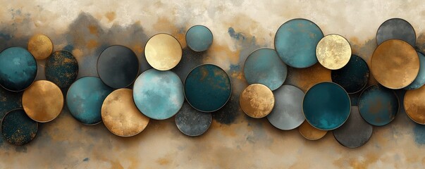 Aufkleber - Abstract art piece features overlapping circles in various shades of brown blue gold. Circles layered on beige background. Modern design with alcohol ink, golden paint smudges. Style suitable for