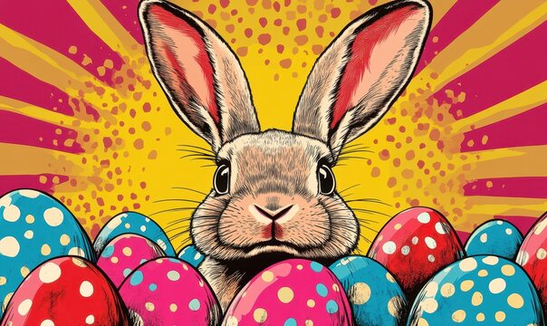 Easter Eggs and Bunny Ears in a Pop Art style.