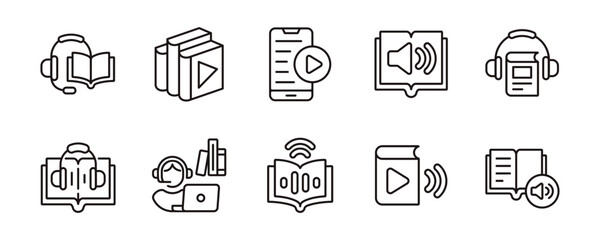 Aufkleber - audio book icon set education study listening podcast speaker earphone line vector online digital library sound music audiobook symbol illustration