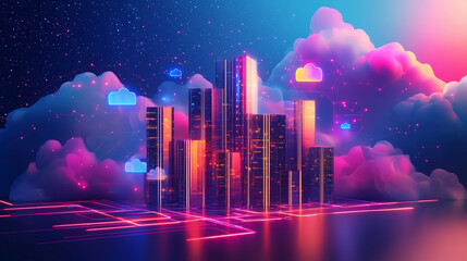 Poster - Neonlit server towers rise from clouds in a cyberpunk cityscape. Digital clouds, glowing networks, and futuristic architecture depict a vibrant digital world. The scene blends fantasy and technology.