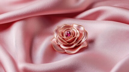 Wall Mural - Elegant Pink Leather Rose on Soft Satin Fabric with Jewel Accent