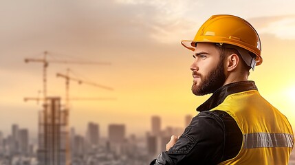 Wall Mural - professional construction worker adjusting his yellow hard hat while overlooking a large constructio