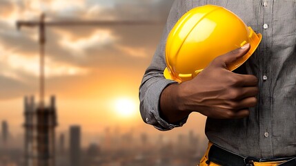 Wall Mural - professional construction worker adjusting his yellow hard hat while overlooking a large constructio