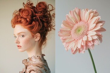 Sticker - Portrait of a young woman with curly red hair and freckles, wearing a delicate top, highlighting natural beauty and floral inspiration against a soft background.