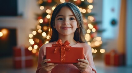 Wall Mural - Joyful Girl Holding Gift in Front of Christmas Tree with Lights, Capturing the Spirit of Holiday Magic and Family Traditions in a Warm Atmosphere