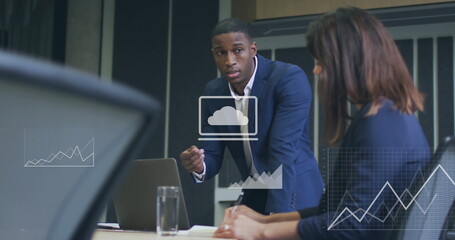 Poster - Image of financial data processing over diverse business people in office