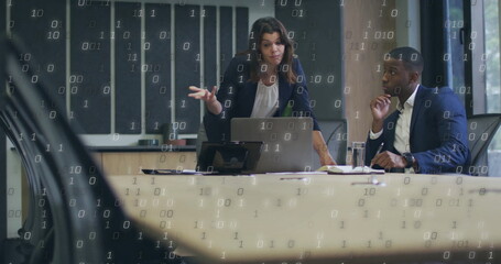 Poster - Image of binary coding data processing over diverse business people in office