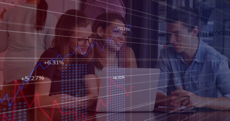 Poster - Image of financial data processing over diverse colleagues discussing work in office