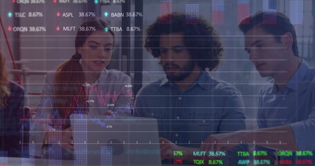 Poster - Image of financial data processing over diverse colleagues discussing work in office