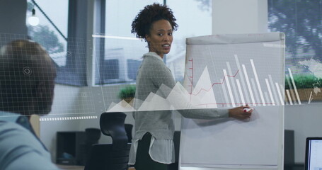 Poster - Image of financial data processing over diverse business people in office
