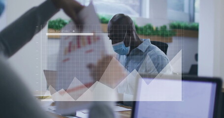 Poster - Image of financial data processing over diverse business people in face masks in office