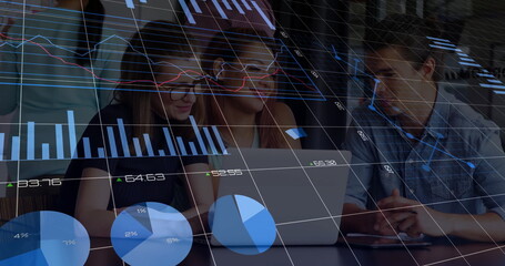 Poster - Image of financial data processing over diverse colleagues discussing work in office