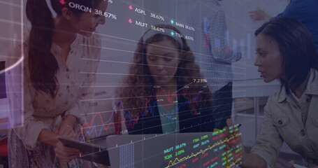 Poster - Image of financial data processing over diverse colleagues discussing work in office