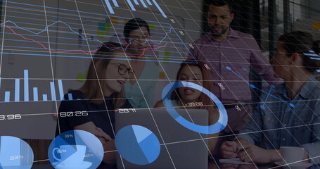 Poster - Image of financial data processing over diverse colleagues discussing work in office