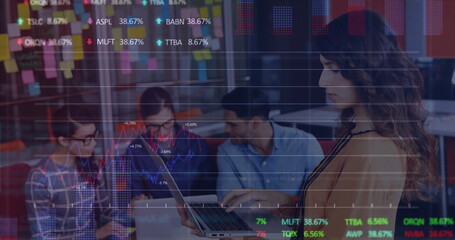 Poster - image of financial data processing over diverse colleagues discussing work in office