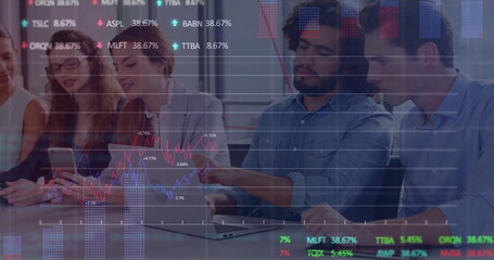 Poster - Image of financial data processing over diverse colleagues discussing work in office