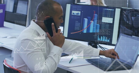 Poster - Image of financial data processing over diverse business people in office