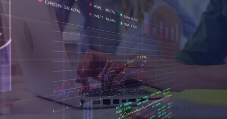 Poster - Image of financial data processing over caucasian businesswoman using laptop in office