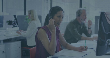 Poster - Image of financial data processing over diverse business people in office