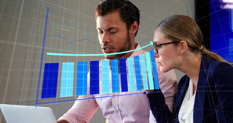 Poster - Analyzing financial data, business professionals with bar charts and graphs over image
