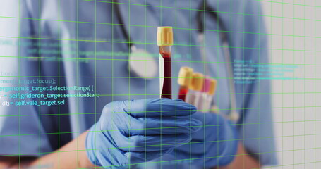 Poster - Holding test tubes, gloved hand with medical data processing image over laboratory background