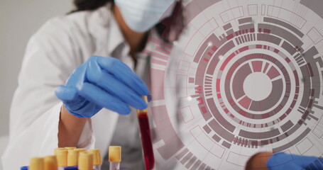 Poster - Scientist handling test tubes with futuristic data processing image over laboratory scene