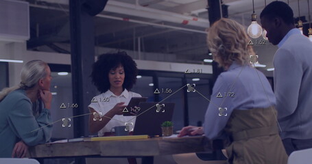 Poster - Image of financial data processing over diverse business people working together