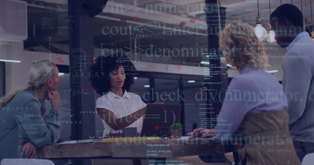 Poster - Image of data processing and diagrams over diverse colleagues talking