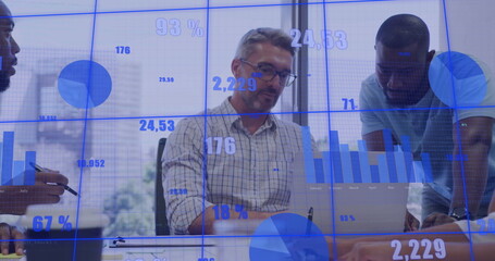Poster - Image of data processing and diagrams over diverse colleagues talking