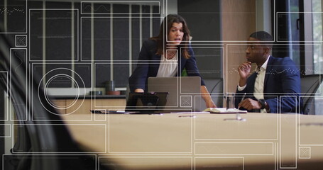 Poster - Business meeting with data analytics image over diverse professionals in office