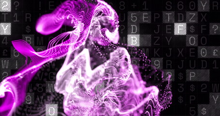 Canvas Print - Purple and white particle waves image over black background with letters and symbols