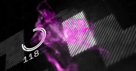Poster - Abstract purple particles and circular progress bar image over dark background with number 142