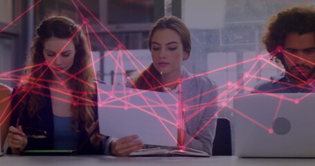 Poster - Image of connections and data processing over diverse business people in office