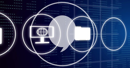 Poster - Camera, chat bubble, and computer icons image over digital data background