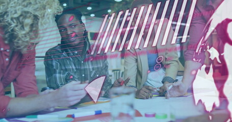 Poster - Computer code image over diverse team collaborating in modern office