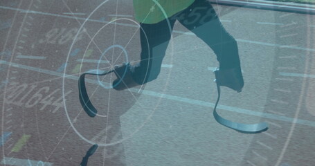 Poster - Running athlete with prosthetic legs over digital target image