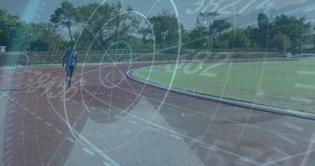 Poster - Runner on track with speedometer image over athletic field background