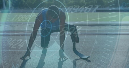 Poster - Athlete preparing to run with data processing image over track