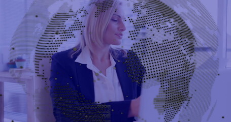 Poster - Image of financial data processing over caucasian businesswoman using laptop in office
