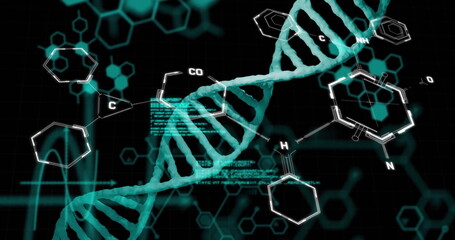 Poster - Image of chemical formula and dna strand on black background